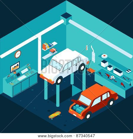 Isometric 3d garage car repair