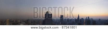 Panorama Scene Of Urban Building Of Bangkok Capital  Thailand Landscape In Morning Light Glow Up