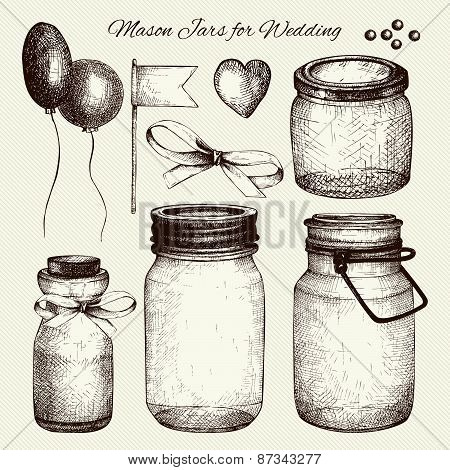 Vector collection of ink hand drawn mason jars for wedding decoration.