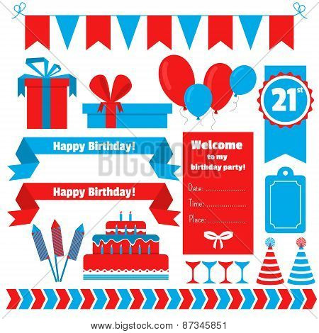 Set Of Festive Birthday Party Elements. Flat Design.