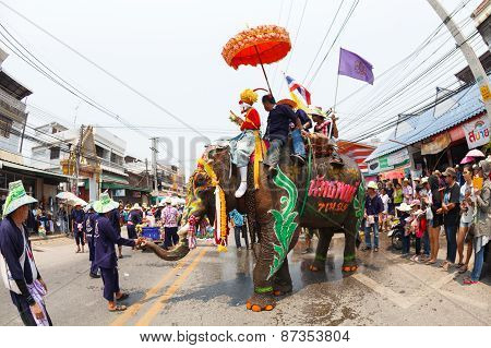 SUKHOTHAI - APRIL 7 : Sukhothai ordination parade on elephant back festival at Hadsiao Temple