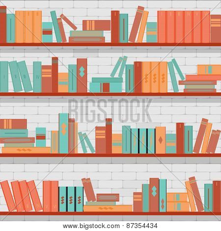 Seamless Pattern Bookshelves, Books On The Brick Wall Background