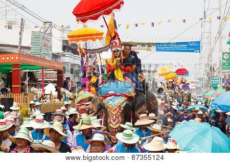 SUKHOTHAI - APRIL 7 : Sukhothai ordination parade on elephant back festival at Hadsiao Temple