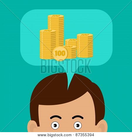 Business Concept. Man Thinks About Money. Golden coins In A Speech Cloud.