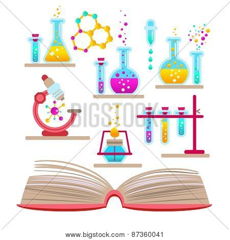 Set open book about science of chemistry.