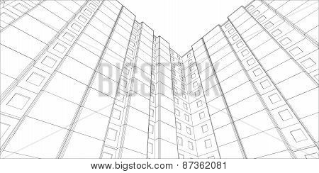 Wire-frame building. View from bottom up. Vector