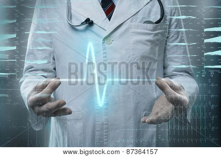 male doctor with heart pulse in hands