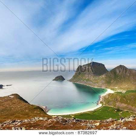 Scenic fjord on Lofoten islands with typical fishing hut