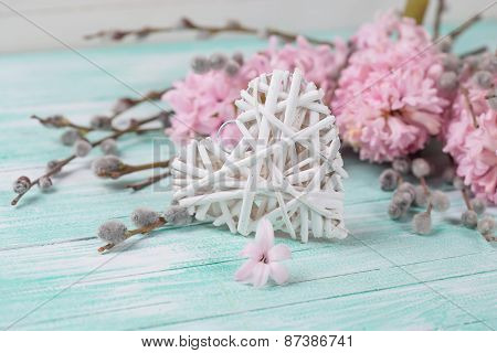 Postcard With Hyacynths, Willow Flowers And Heart