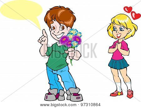 Boy gives a girl flowers