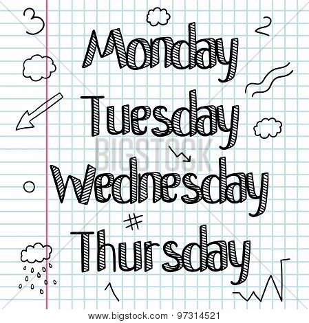 A set of signs, words, days of the week. Days of the week. Word. Hand drawing. Bar. The workbook is