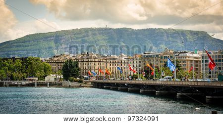 Geneve, Switzerland - 11 May 2014:  view of the modern embankment and the center of Geneva, Switzerland