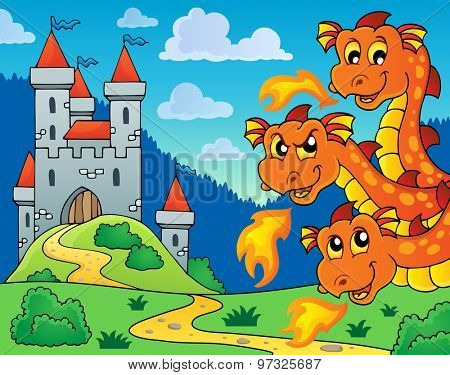 Castle and lurking dragon heads - eps10 vector illustration.