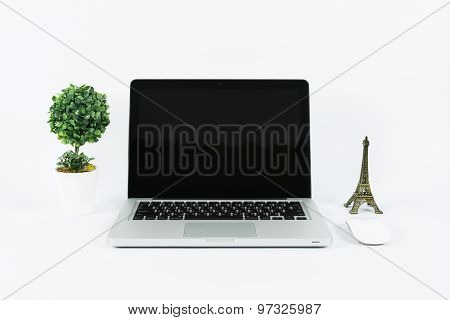 Laptop And Flower Pot Isolate