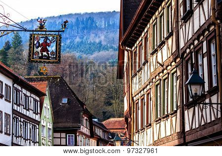 Picturesque half-timbered little town Miltenberg by the Odenwald forest and the river Main, Germany