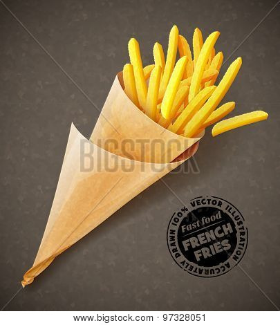 French fries in paper bag. Eps10 vector illustration. Isolated on white background