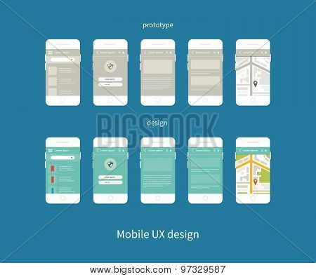 Flat vector collection of modern mobile phones with different user interface elements