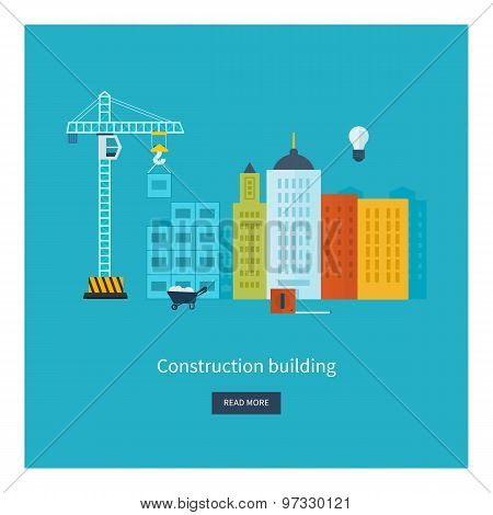 Flat design vector concept illustration with icons of building construction and urban landscape.