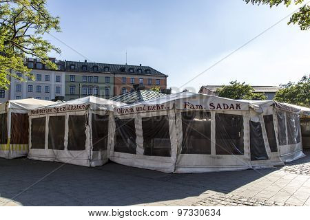 MUNICH, GERMANY - JUNE 04, 2015: Closed sales stall at Viktualienmarkt in Munich a typical farmer's market