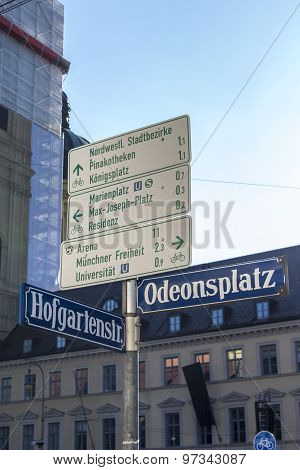 Munich, Germany - June 04, 2015: Crossing of Odeonsplatz and Hofgartenstrasse in Munich