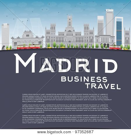 Madrid Skyline with grey buildings, blue sky and copy space. Business travel concept. Vector illustration