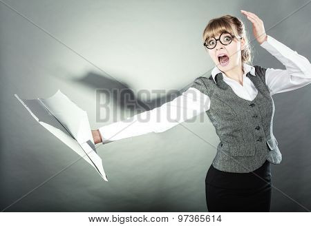 Fly Fear. Woman Holding Airplane In Hand.
