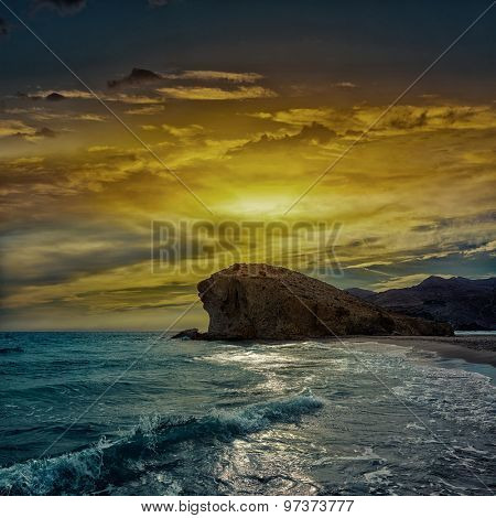 Almeria Playa del Monsul beach sunset at Cabo de Gata in Spain