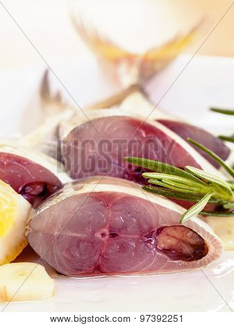 Fresh cutting Mackeral in olive oil with selective focus.