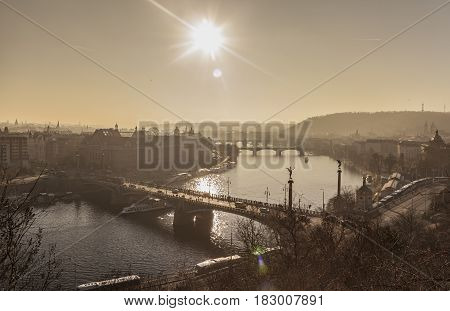 Prague Town And River Vitava In Golden Evening Haze Praha Travel