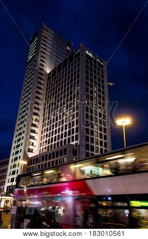 BERLIN GERMANY - AUGUST 6 - High skyscraper Zoofenster in Berlin Germany that was designed by the architect Chritoph Maeckler and opened in 2013. The image was taken at the night on August 6 2016.