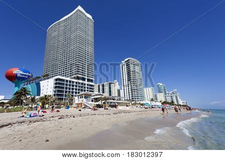 Hallandale Beach Fl USA - March 11 2017: Beautiful sand beach in Hallandale Beach. Florida United States