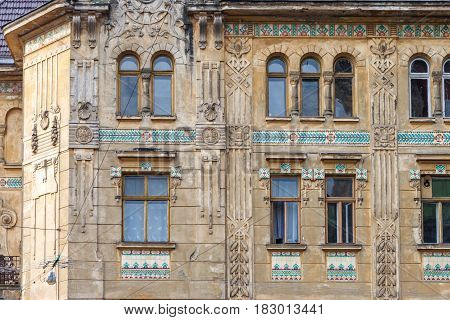 Windows on the fasade of the historic building in Lviv city, Ukraine