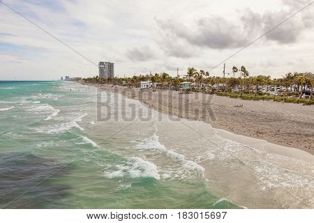 Dania Beach Fl USA - March 13 2017: Coastline at the Dania Beach on a cloudy day in March. Florida United States
