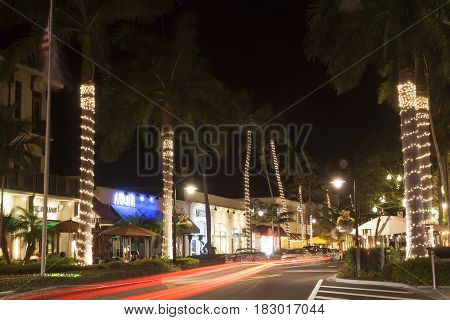 Naples Fl USA - March 21 2017: Street in the city of Naples illuminated at night. Florida United States