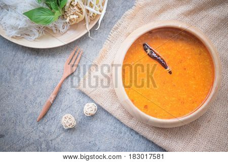 Kanom Jeen Thai rice vermicelli served with curry Thai Delicious Food