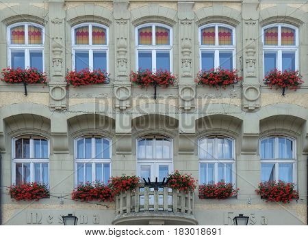 PTUJ, SLOVENIA - JULY 02: The City Hall facade in Ptuj, town on the Drava River banks, Lower Styria Region, Slovenia on July 02, 2016.