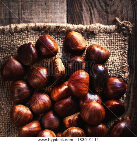 Heap of edible fresh chestnuts on old wooden table. Group of ripe big chestnuts with copy space macro