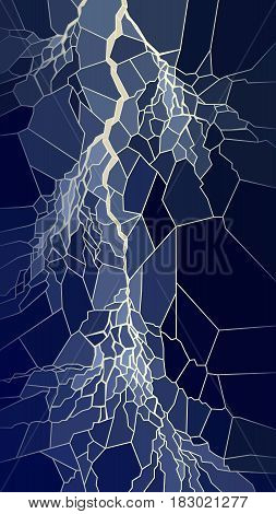 Vector vertical illustration of lightning in the night sky in stained glass window.