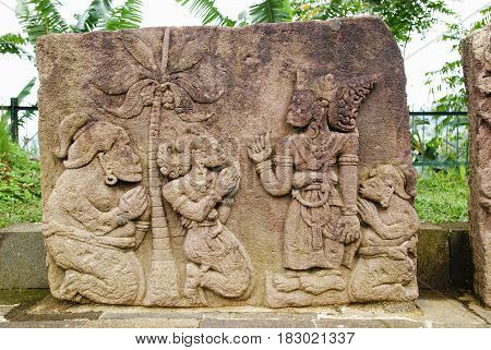 Stone sculpture and relief in Sukuh Temple, Central Java, Indonesia