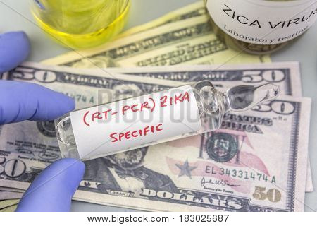 Tests for Research of ZIKA test and vials on tickets of dollar concept of pharmaceutical copayment