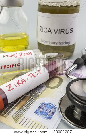 Tests for Research of ZIKA test and vials on tickets of euro concept of pharmaceutical copayment