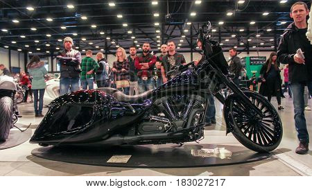 St. Petersburg Russia - 15 April, Black streamlined motorbike,15 April, 2017.
International Motor Show IMIS-2017 in Expoforurum.
Motorcycles and motoconcepts presented at St. Petersburg Motor Show.