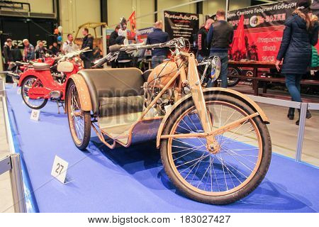 St. Petersburg Russia - 15 April, Three-wheeled retro motocross,15 April, 2017.
International Motor Show IMIS-2017 in Expoforurum.
Motorcycles and motoconcepts presented at St. Petersburg Motor Show.