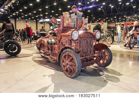 St. Petersburg Russia - 15 April, Stylized model of the tricycle,15 April, 2017.
International Motor Show IMIS-2017 in Expoforurum.
Motorcycles and motoconcepts presented at St. Petersburg Motor Show.