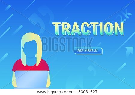 Usability traction concept illustration of young woman using laptop for working, learning and enternet surfing. Gradient vector design of people addicted to network community with social media symbols