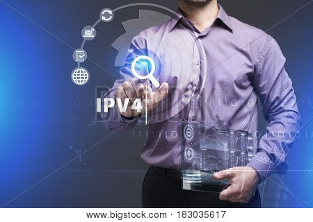 Business, Technology, Internet And Network Concept. Young Businessman Working On A Virtual Screen Of
