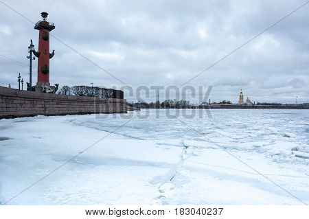 View on Vasilyevsky island and the Paul and Peter fortress in the winter Saint Petersburg Russia