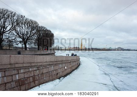 SAINT- PETERSBURG RUSSIA - FEBRUARY 01 2016: View on Vasilyevsky island and the Paul and Peter fortress in the winter Saint Petersburg Russia