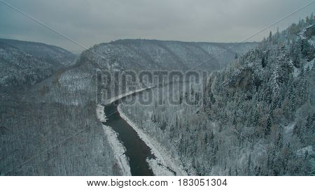Aerial view near of Kinderlinskaya cave and village Tash-Asty on Zilim river
