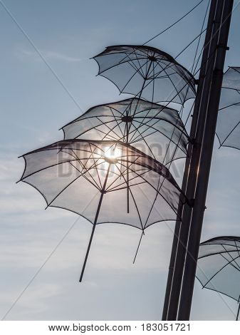 THESSALONIKI GREECE - OCTOBER 12 2016: The sculpture Umbrellas by George Zongolopoulos are located at the New Beach in Thessaloniki Greece